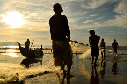Fishermen Pulling Nets As the SunSet