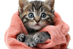 Cute kitten snuggled in a pink towel, an Animal Photo by Pixeness Studio