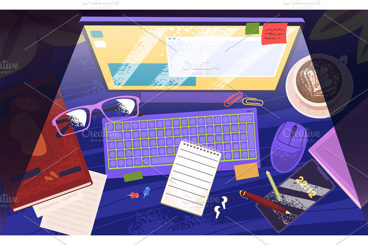 Night workplace top view. Clutter, a Technology Illustration by Stock-Smart-Start