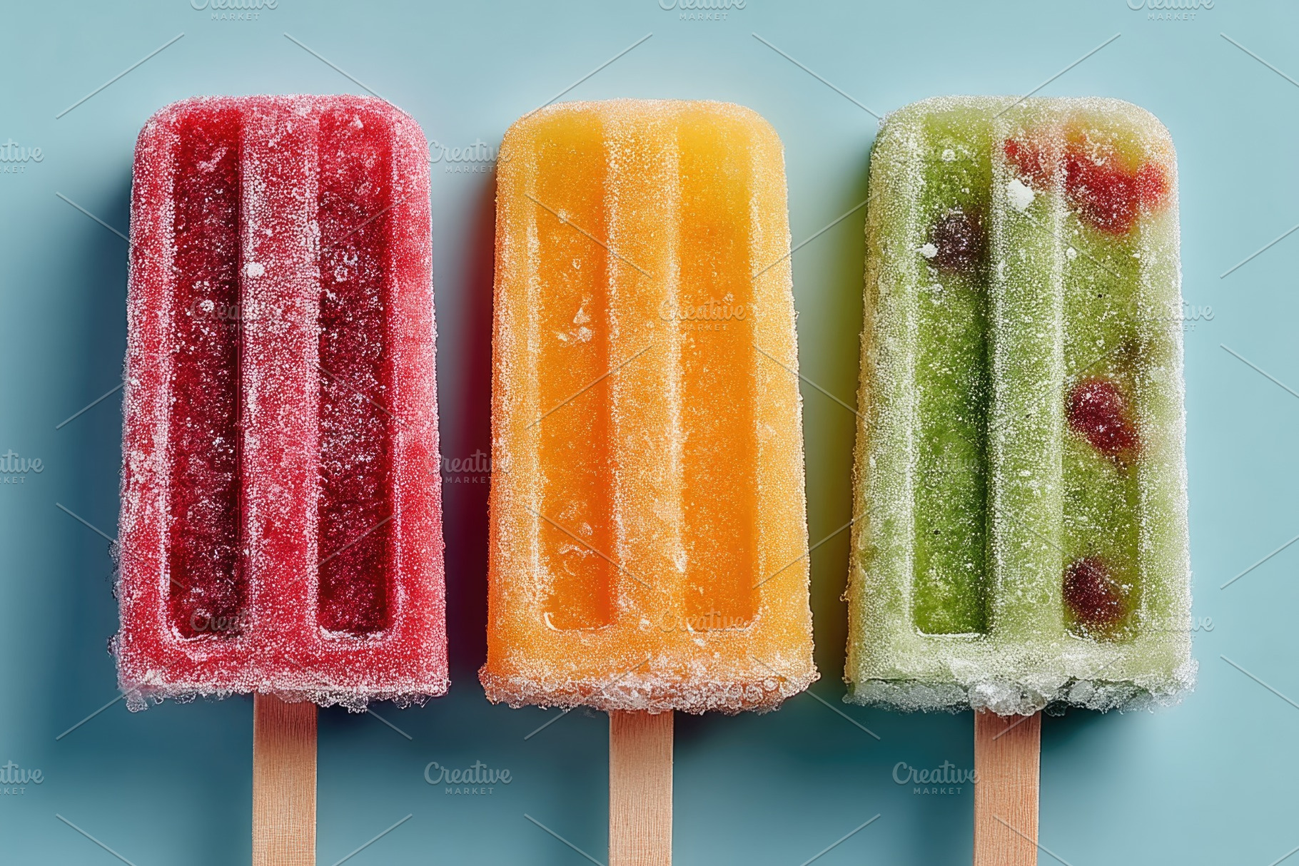 Assorted frosty fruit popsicles on pastel blue background for su, a Beauty & Fashion Photo by José Manuel Gelpi