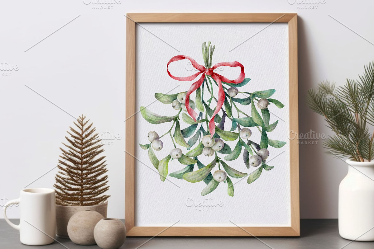 Mistletoe Watercolor Clipart., a Decorative Illustration by VetaDesign (Photo 4 of 12)