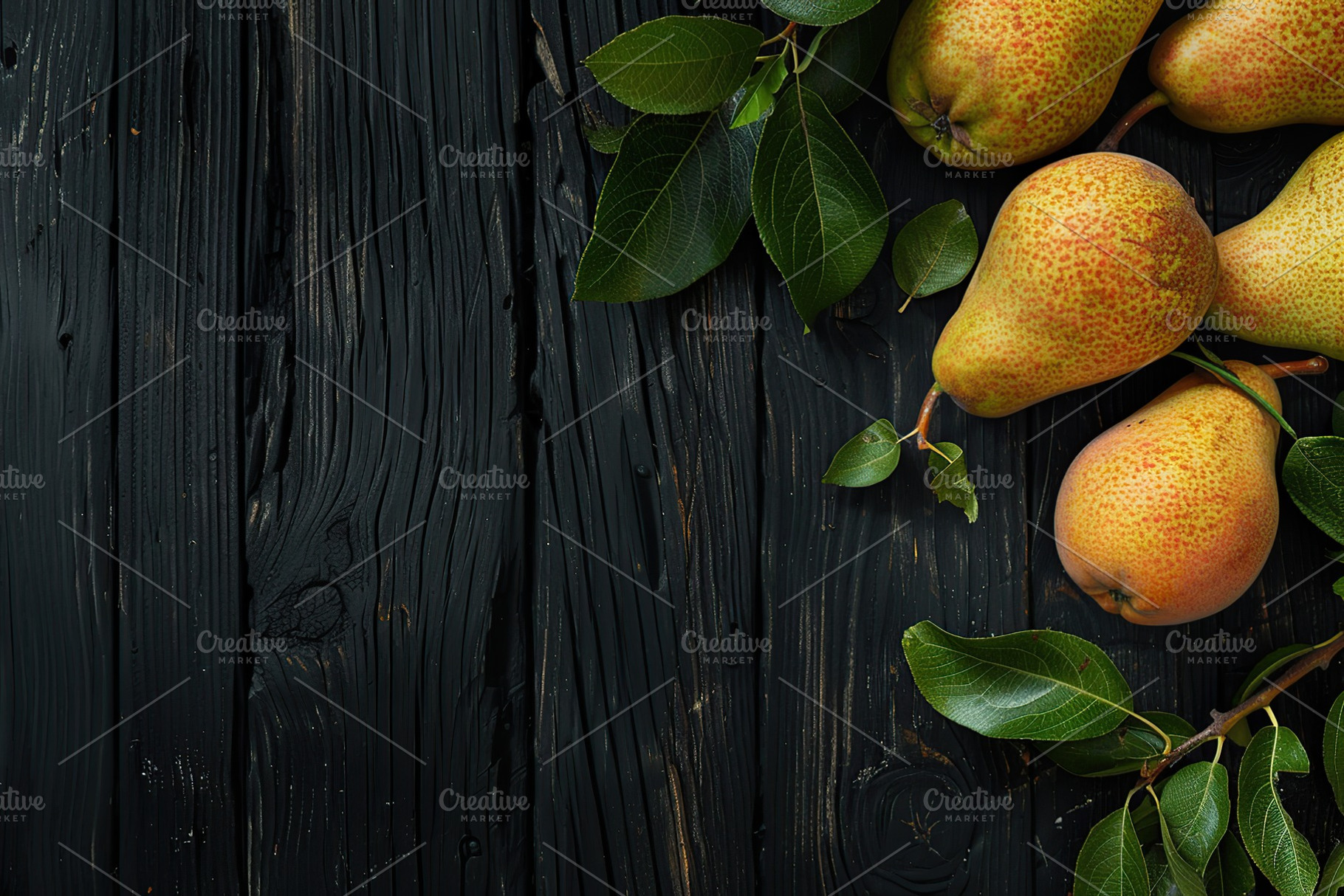 Red pears with leafs and copyspace for text on wooden table, a Food & Drink Photo by AlyaAnd