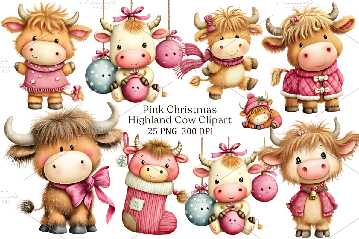 Pink Christmas Highland Cow Clipart, a Seasonal Illustration by Design ...