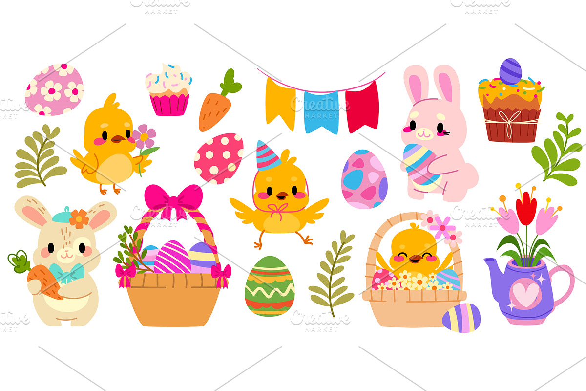 Easter bunny, chick and colored eggs, an Illustration by art PVP - market