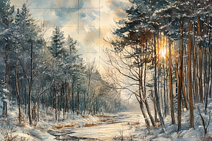 Watercolor Frozen River Forest