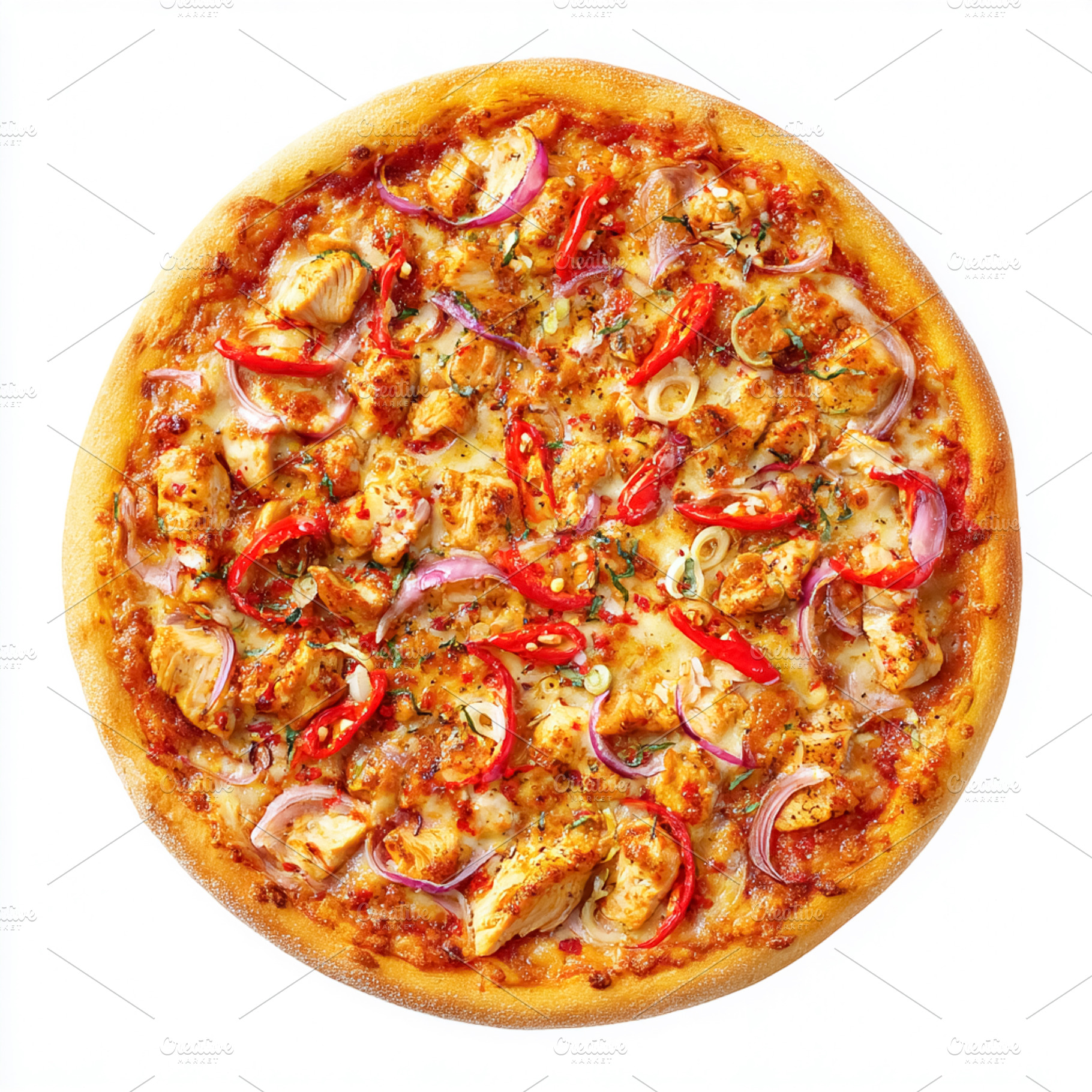 Chicken pizza with red onions, chili peppers, and melted cheese,, a Photo by Studio ANNA