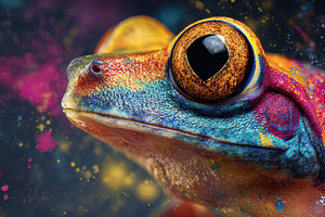 Brightly colored frog sits still wit, a Photo by Pavel_design