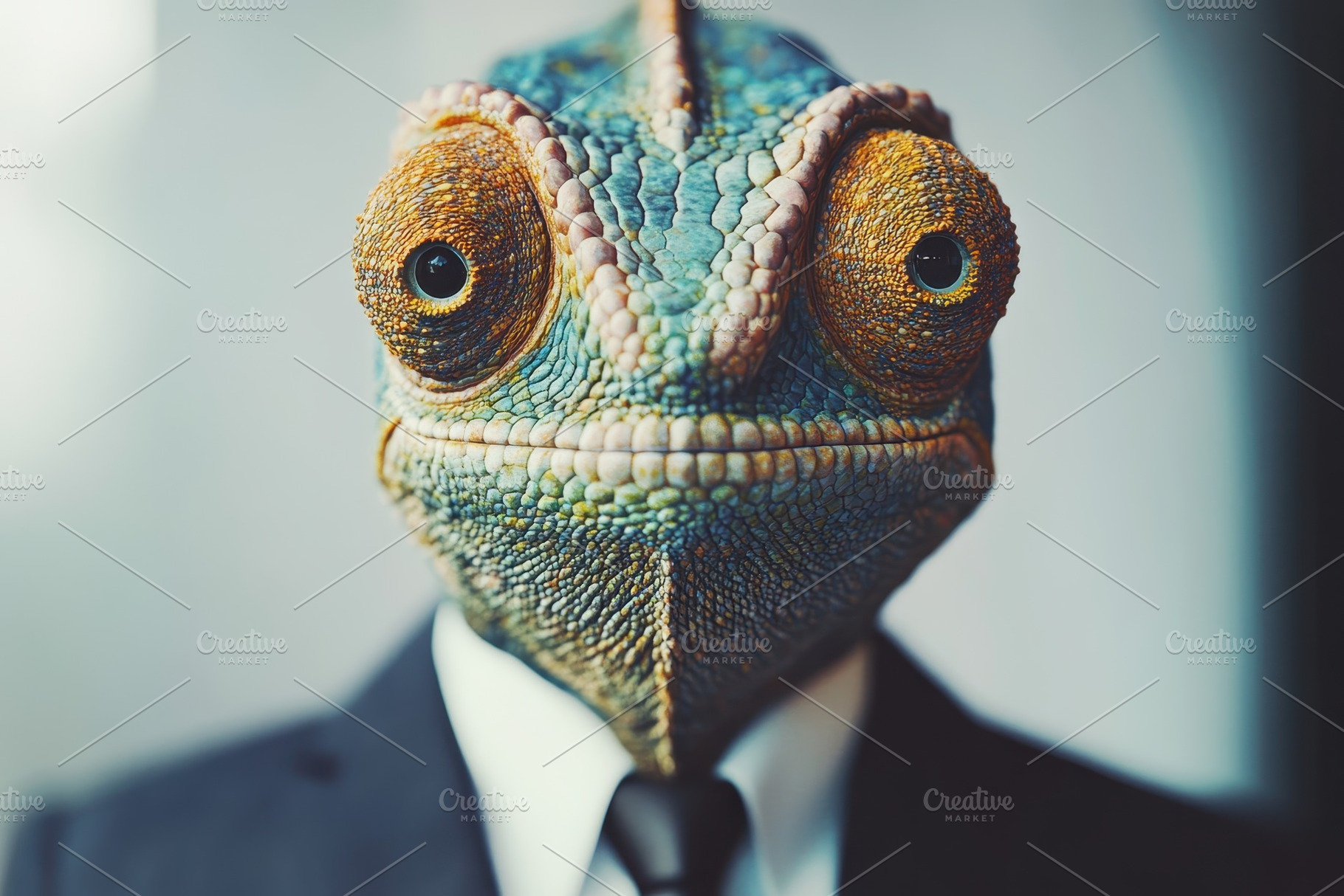 Chameleon dressed in a suit showcas, a Photo by Pavel_design