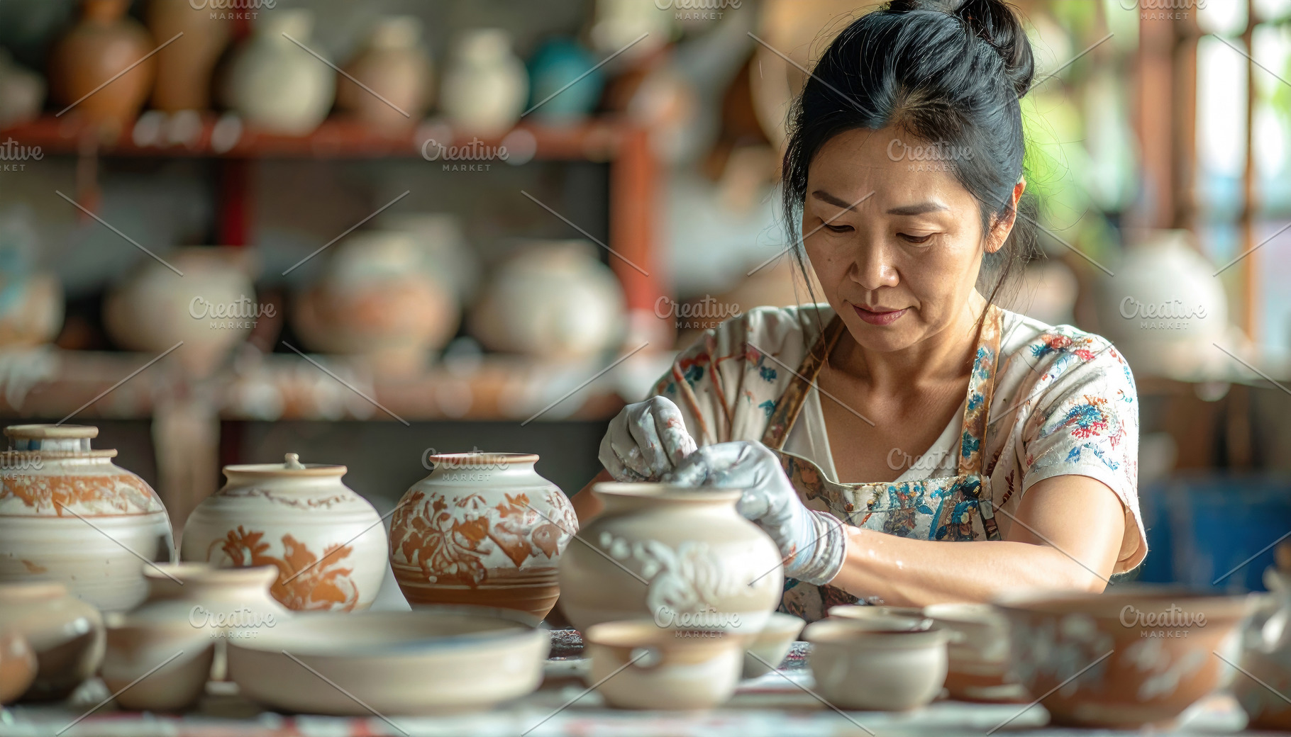 Focused Asian Woman Decorating Handmade Pottery, an Arts & Entertainment Photo by Davizro's Market