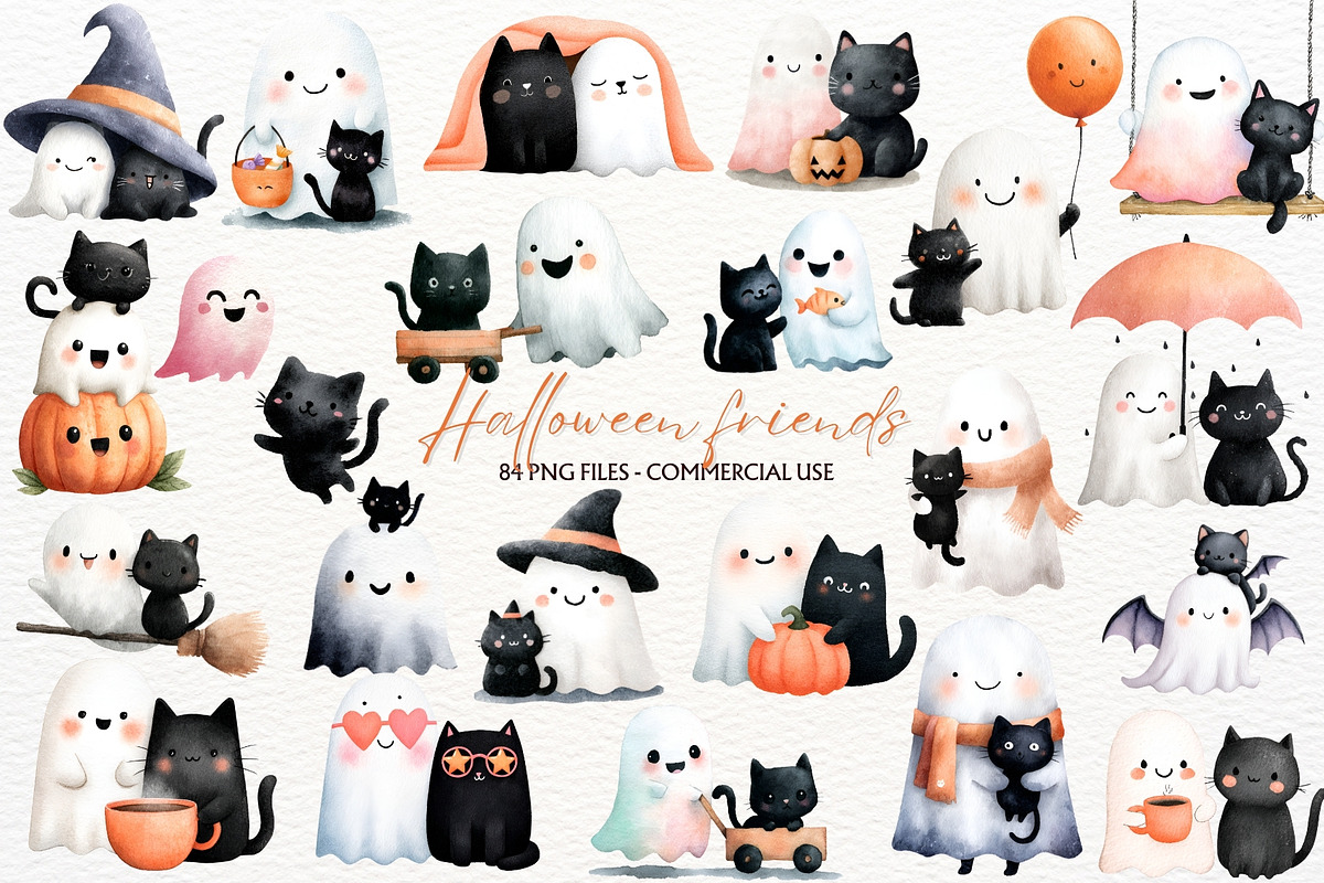 Halloween Ghost Cat Clipart PNG, a Seasonal Illustration by SugarCloudStudioArt (Photo 1 of 6)
