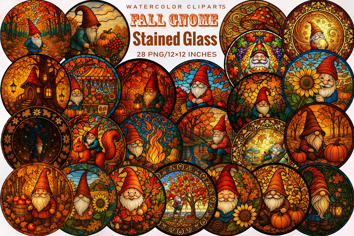 Round Fall Gnome Stained Glass Clipa, an Illustration by SVGArt (Photo 1 of 8)