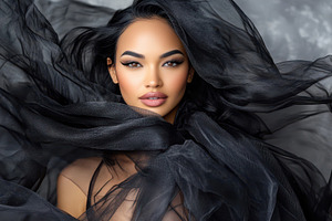 A stunning woman with flawless makeup surrounded by flowing black fabric, creat, a Person Photo by Mashimara