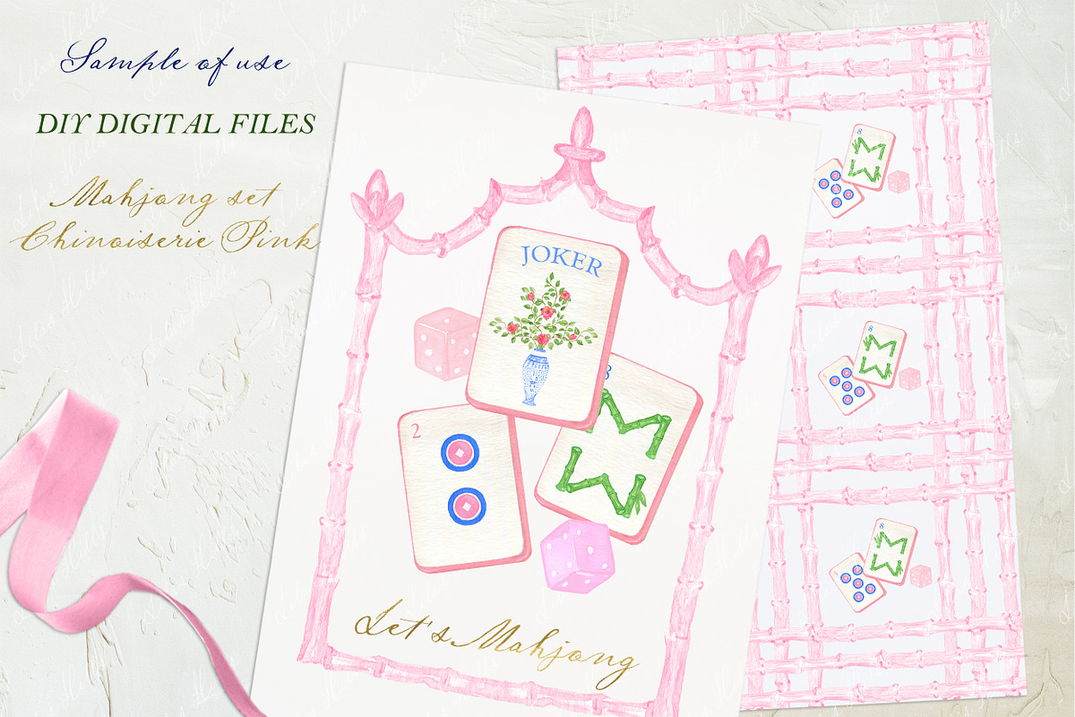 Mahjong Set Clipart Chinoiserie Pink, a Decorative Illustration by LABFcreations (Photo 4 of 5)