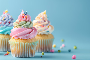 Tasty cupcakes with butter cream and sprinkles on blue background, a Food & Drink Photo by AlyaAnd