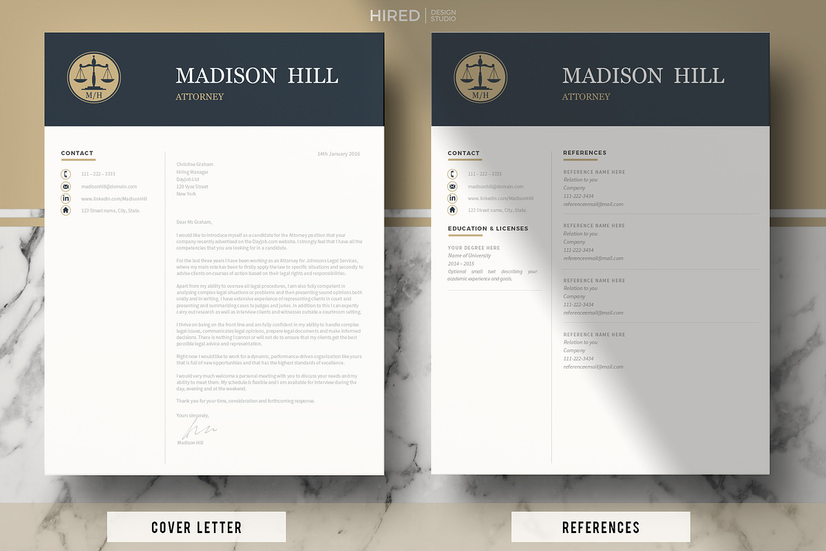 Attorney Resume template, Lawyer CV, a Resume Template by HIRED Design Studio (Photo 3 of 11)