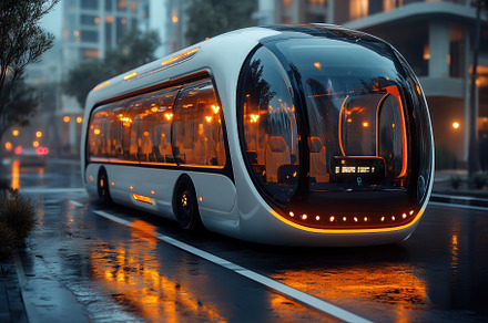 A futuristic, autonomous bus design parked on a wet city street at night. The b, a Transportation Photo by Textures & Backgrounds