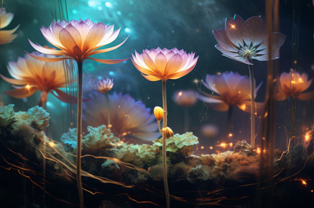 Ethereal underwater scene featuring delicate blossoms drifting amidst the seren, an Abstract Photo by Natalia Klenova's Shop