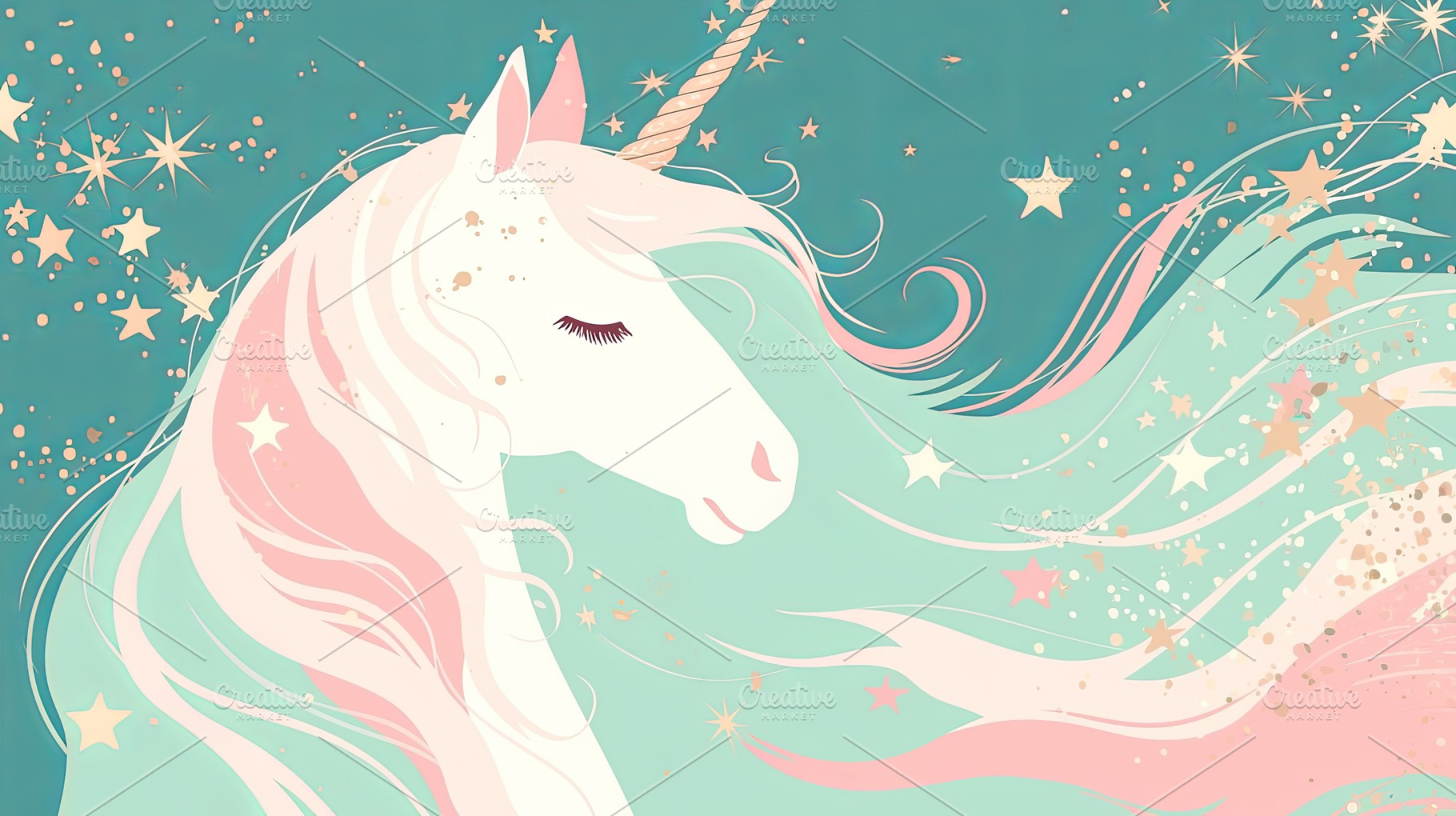 Elegant white unicorn with flowing mane surrounded by stars in magical setting, a Photo by AS photostudio