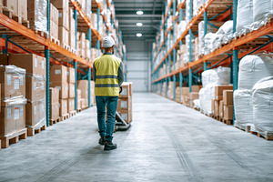 Warehouse worker moving pallet jack, an Industrial Photo by 7DesignLab