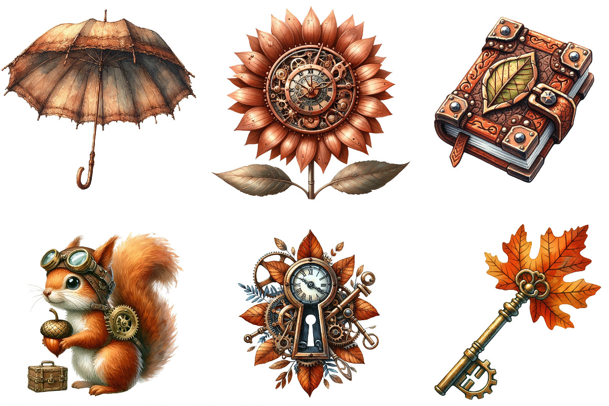Watercolor Steampunk Autumn Clipart, an Illustration by Designking (Photo 3 of 4)