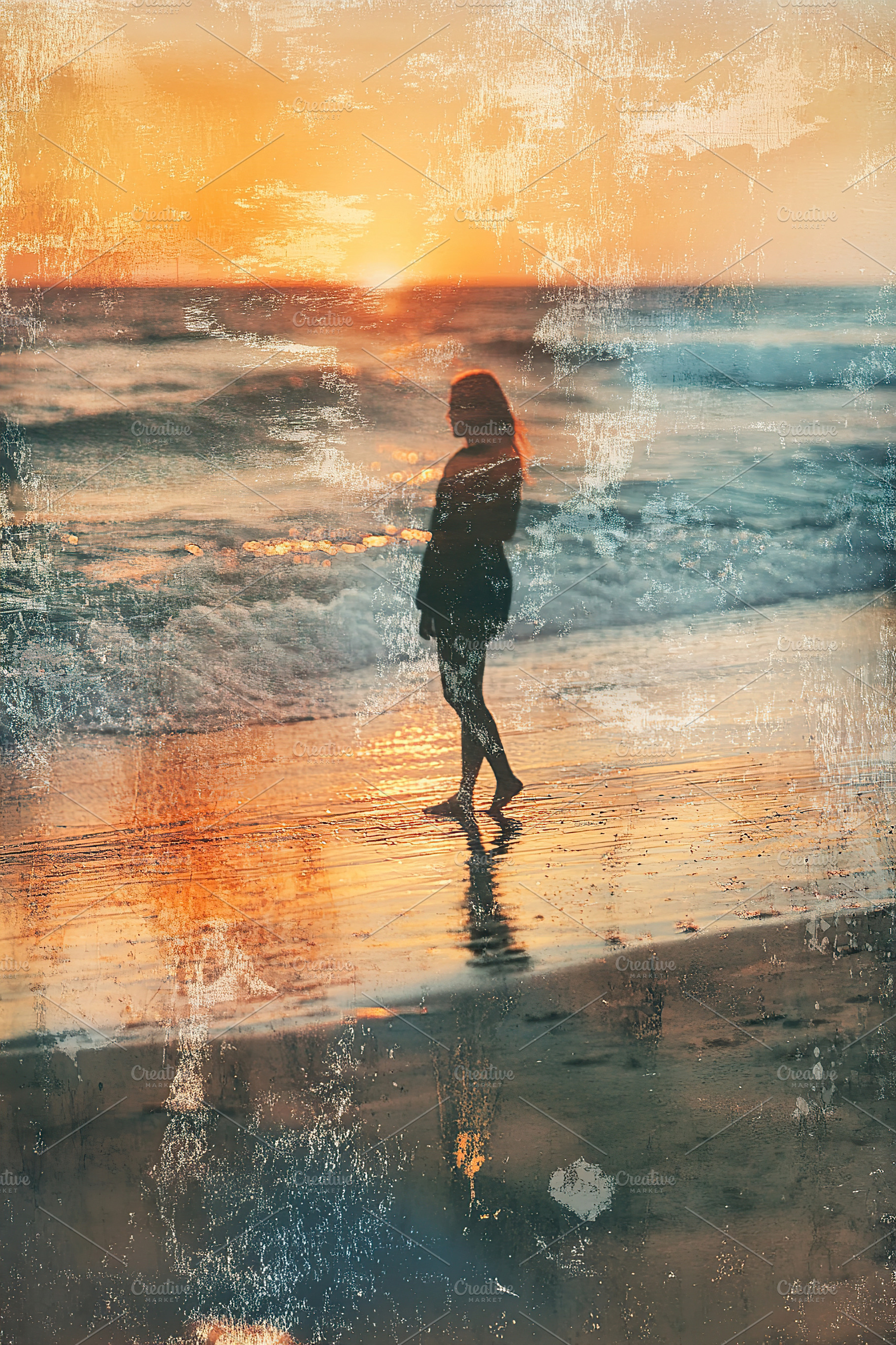 Silhouette of a woman walking along the shoreline during sunset, a Photo by AlyaAnd
