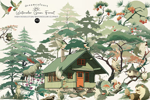 Watercolor Green Forest Clipart Set, an Illustration by DreamCafeArt