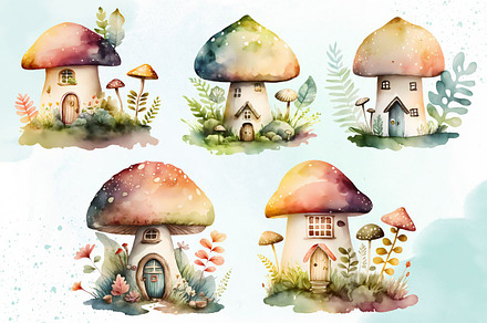 Watercolor Mushroom Houses Clipart