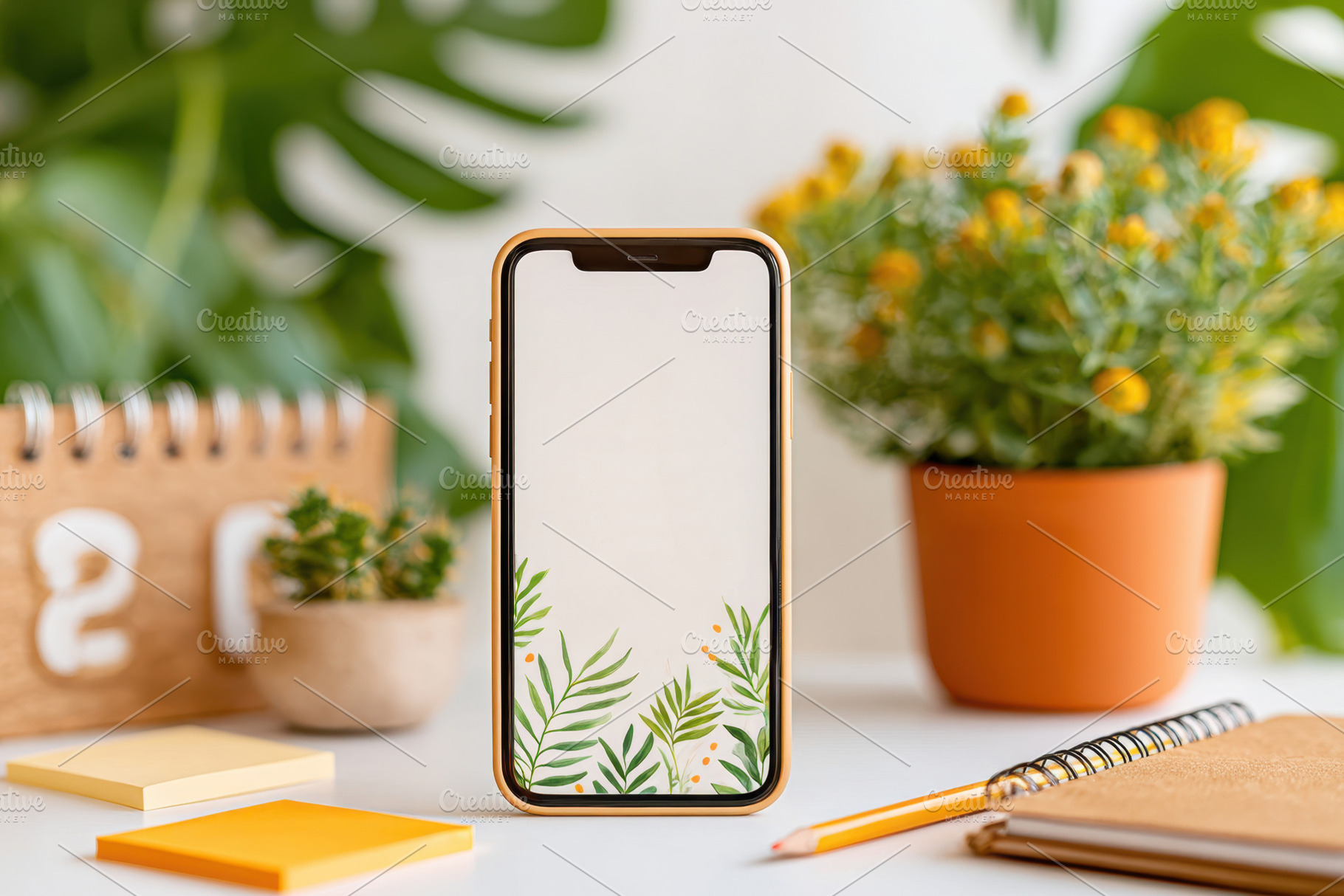 Smartphone with floral wallpaper on a stylish desk, a Business Photo by AlyaAnd