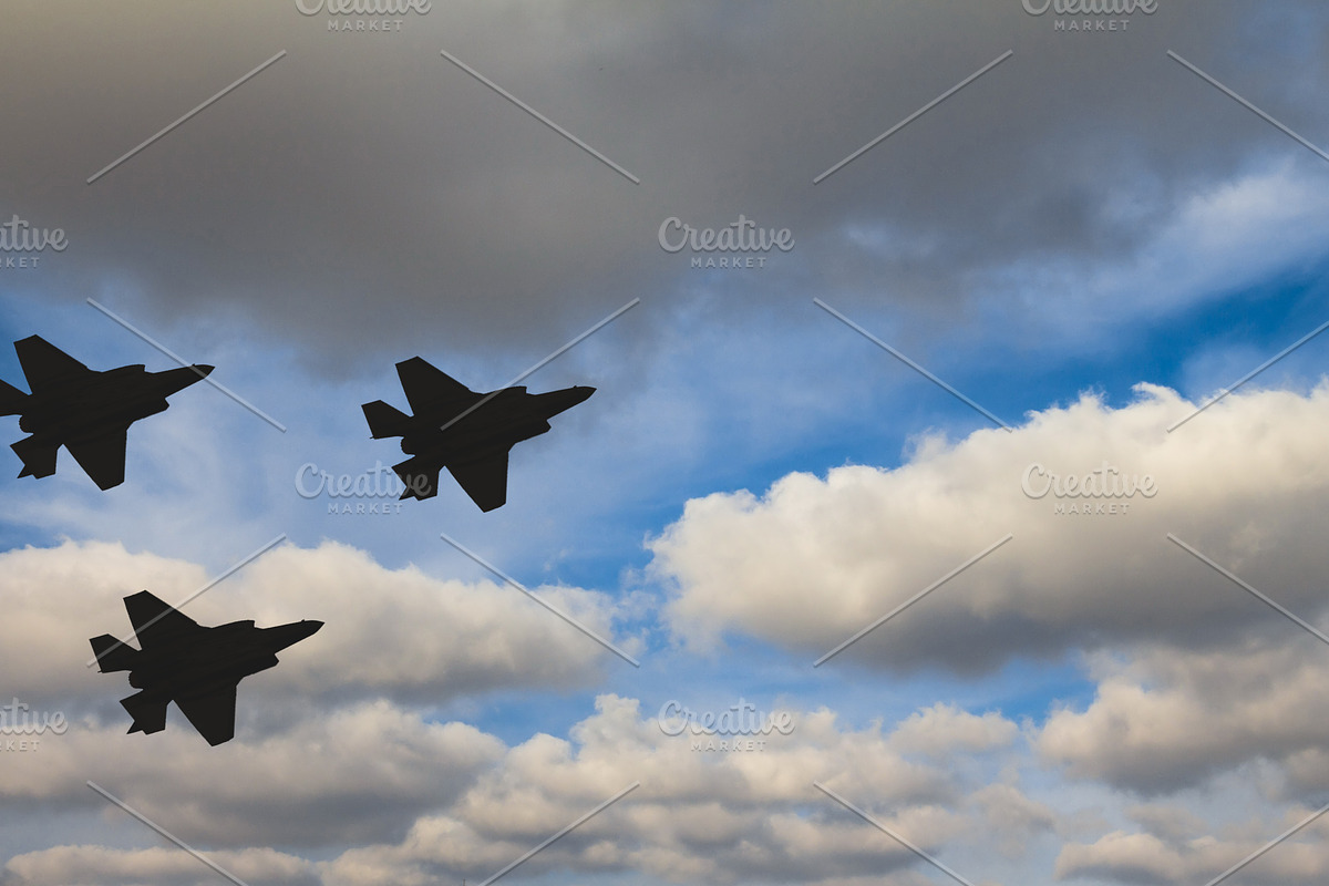 Silhouettes of three f35 aircraft against the blue sky and white clouds, a Transportation Photo by Flik47 (Photo 2 of 2)