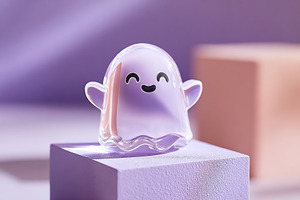 Cute ghost figure on display in a playful, colorful environment with soft light, a Photo by AlyaAnd