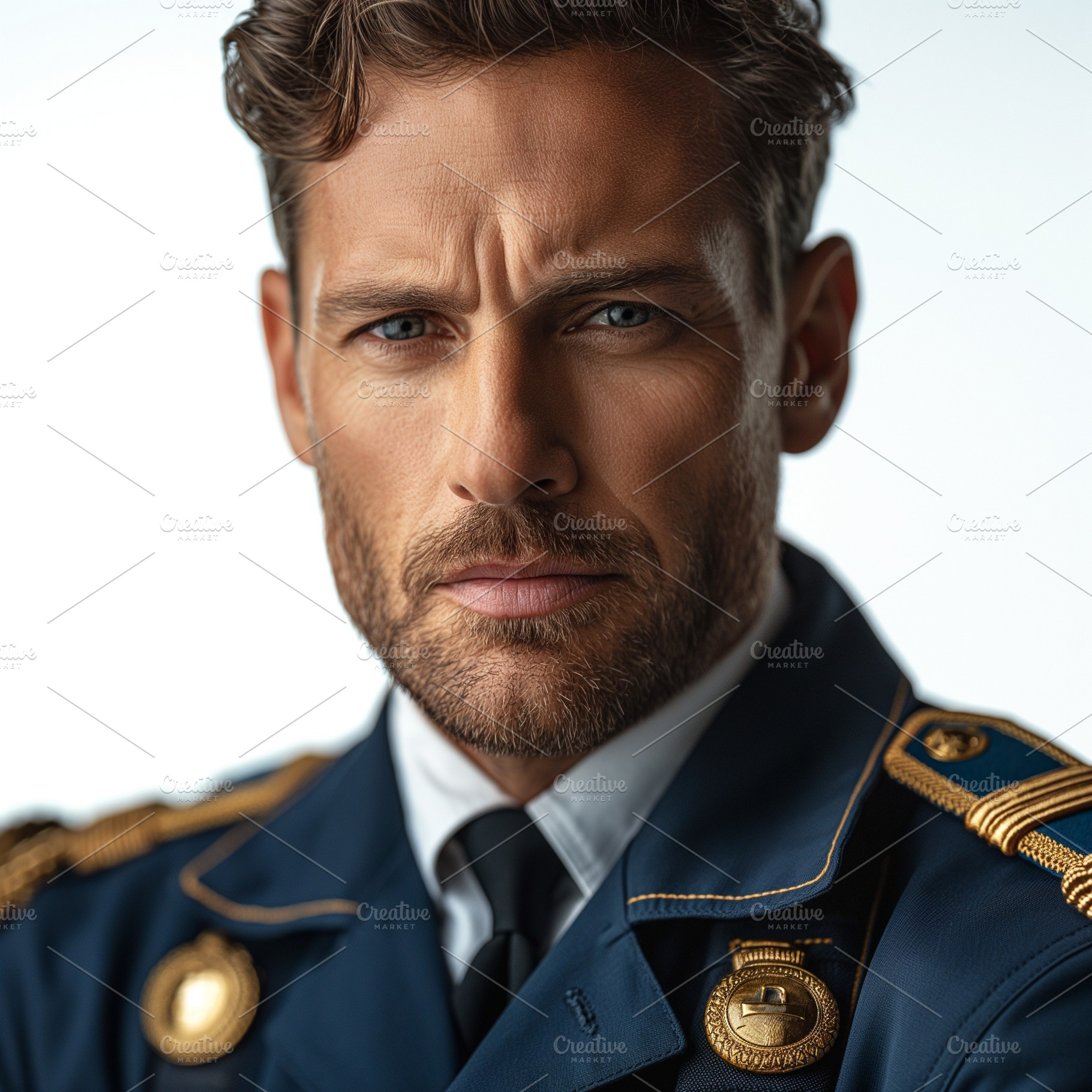Confident male officer in a navy uniform exuding authority and strength., a Person Photo by ImageMir