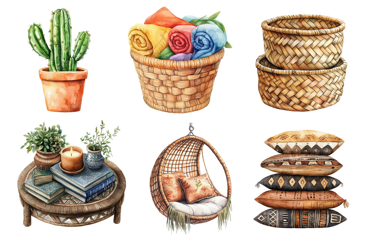 Watercolor Boho Interior Clipart, an Illustration by Dream Creation (Photo 7 of 7)