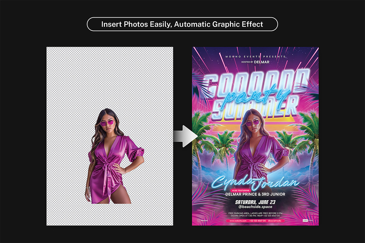 Synthwave Summer Party Flyer PSD, a Flyer Template by Bornx Design (Photo 3 of 6)