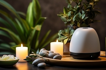 Spa, aromatherapy and candles on table for zen, calm and peace t, an Abstract Photo by Natalia Klenova's Shop