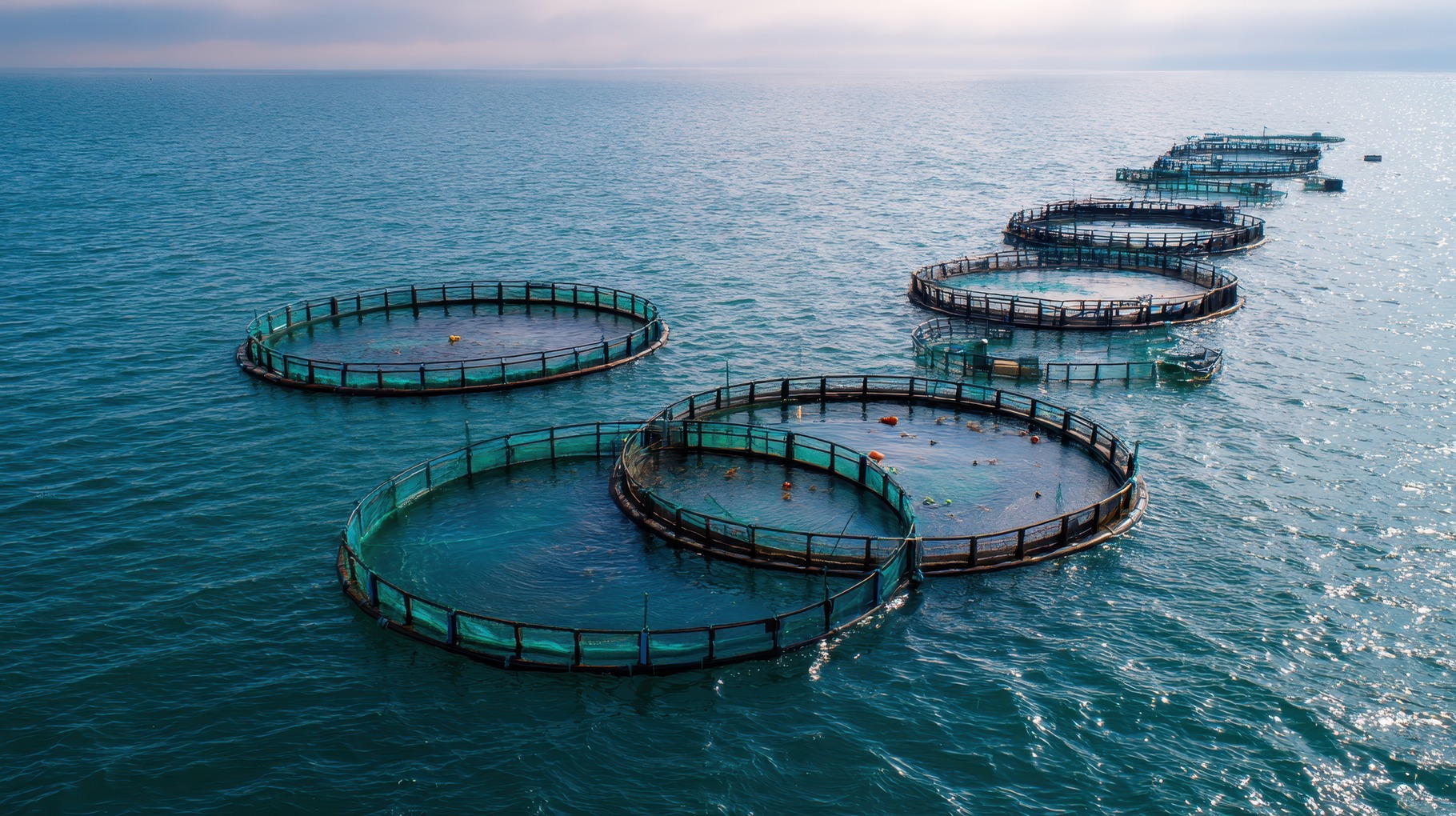 Fish farming nets in open sea, a Photo by Pavel_design