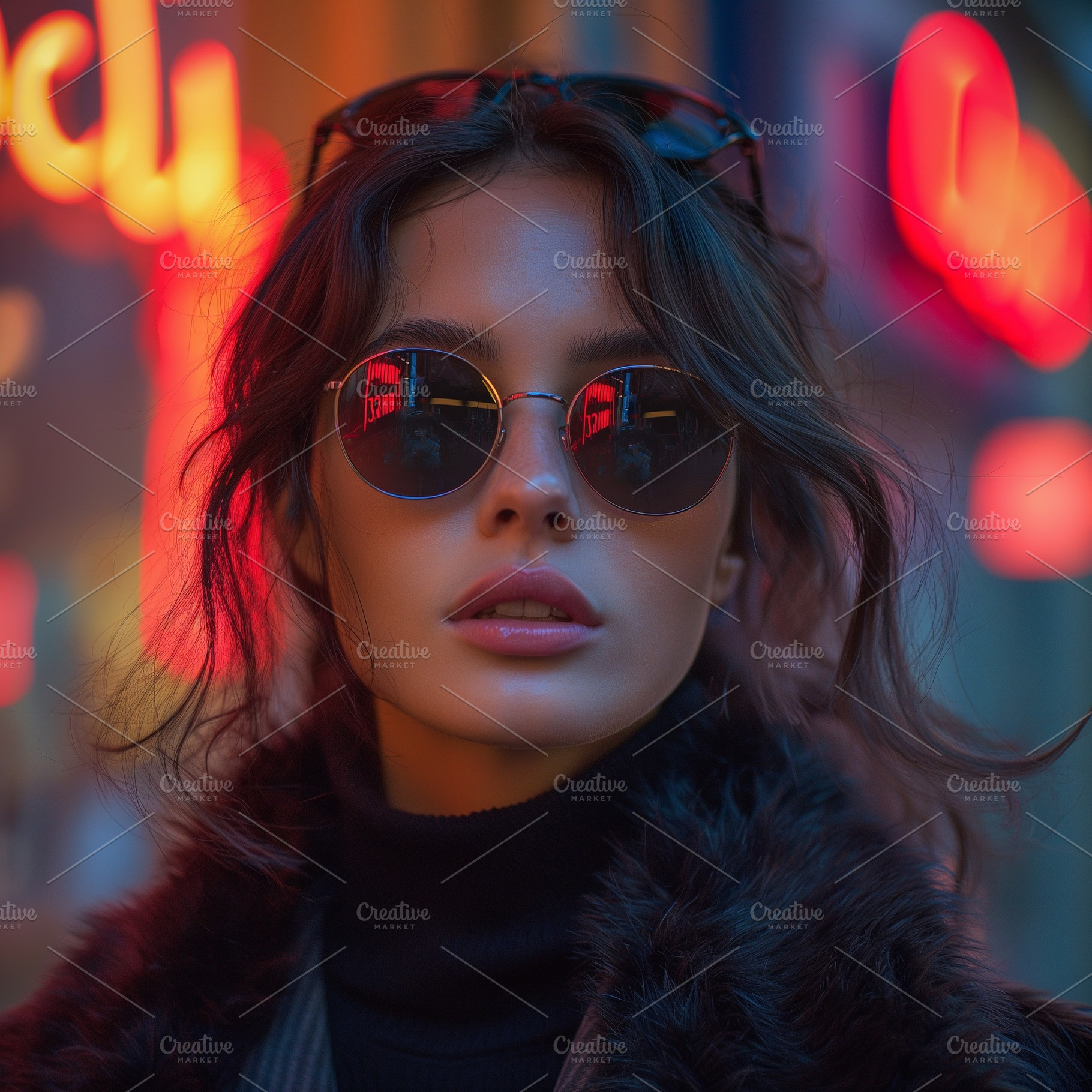 A young Caucasian woman exudes confidence with stylish round sunglasses against, a Person Photo by ImageMir