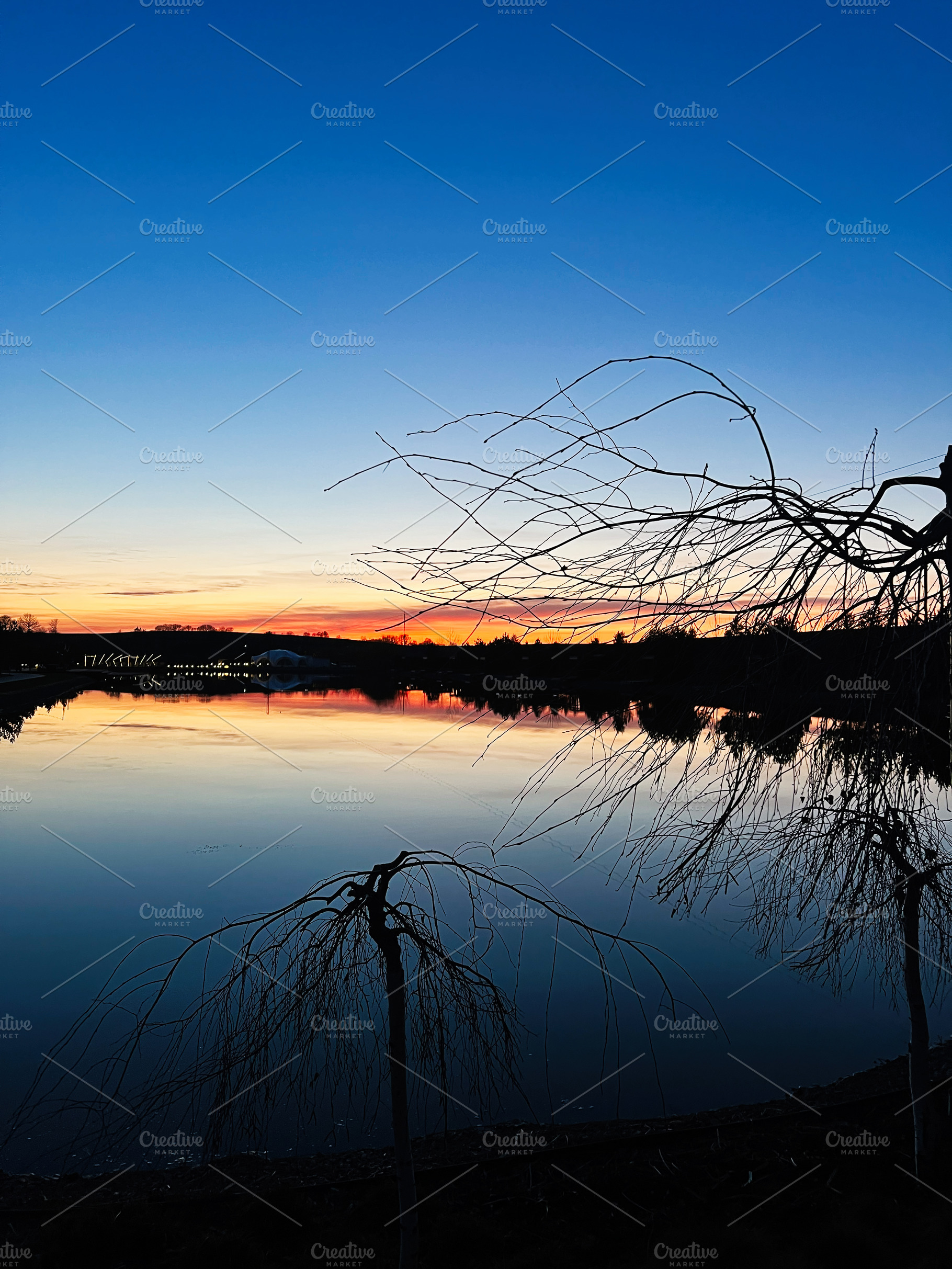 Serene sunset over calm lake with silhouetted leafless trees, a Photo by AS photostudio