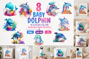 Baby Dolphin Watercolor Sublimation, a Seasonal Illustration by S Graphic Studio