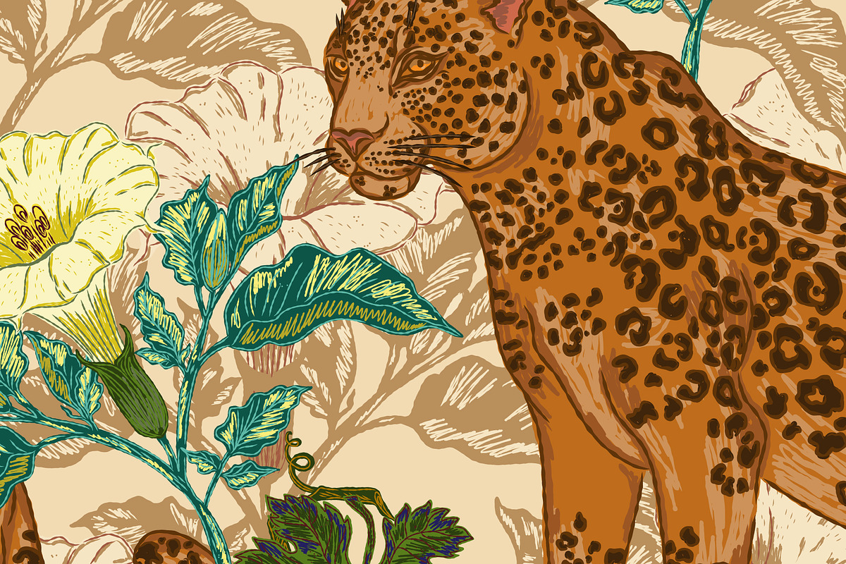 Jaguar, Datura & Grapes Pattern, a Pattern Graphic by NayaChu (Photo 2 of 12)