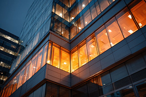 Sunset reflections on modern glass building, an Architecture Photo by AlyaAnd