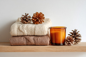 Cozy wool sweaters neatly folded on a wooden shelf with decorative elements and, a Photo by AlyaAnd
