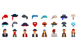 Pirate Bandana Icons Set. People