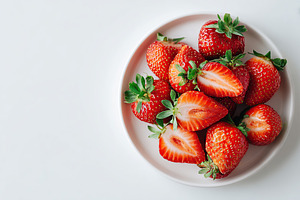 Fresh strawberries arranged on a white plate with some sliced in half for displ, a Food & Drink Photo by AlyaAnd