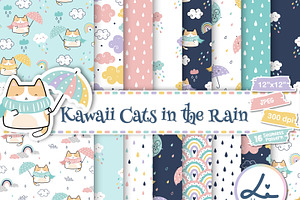 Kawaii Cat in the Rain Digital Paper