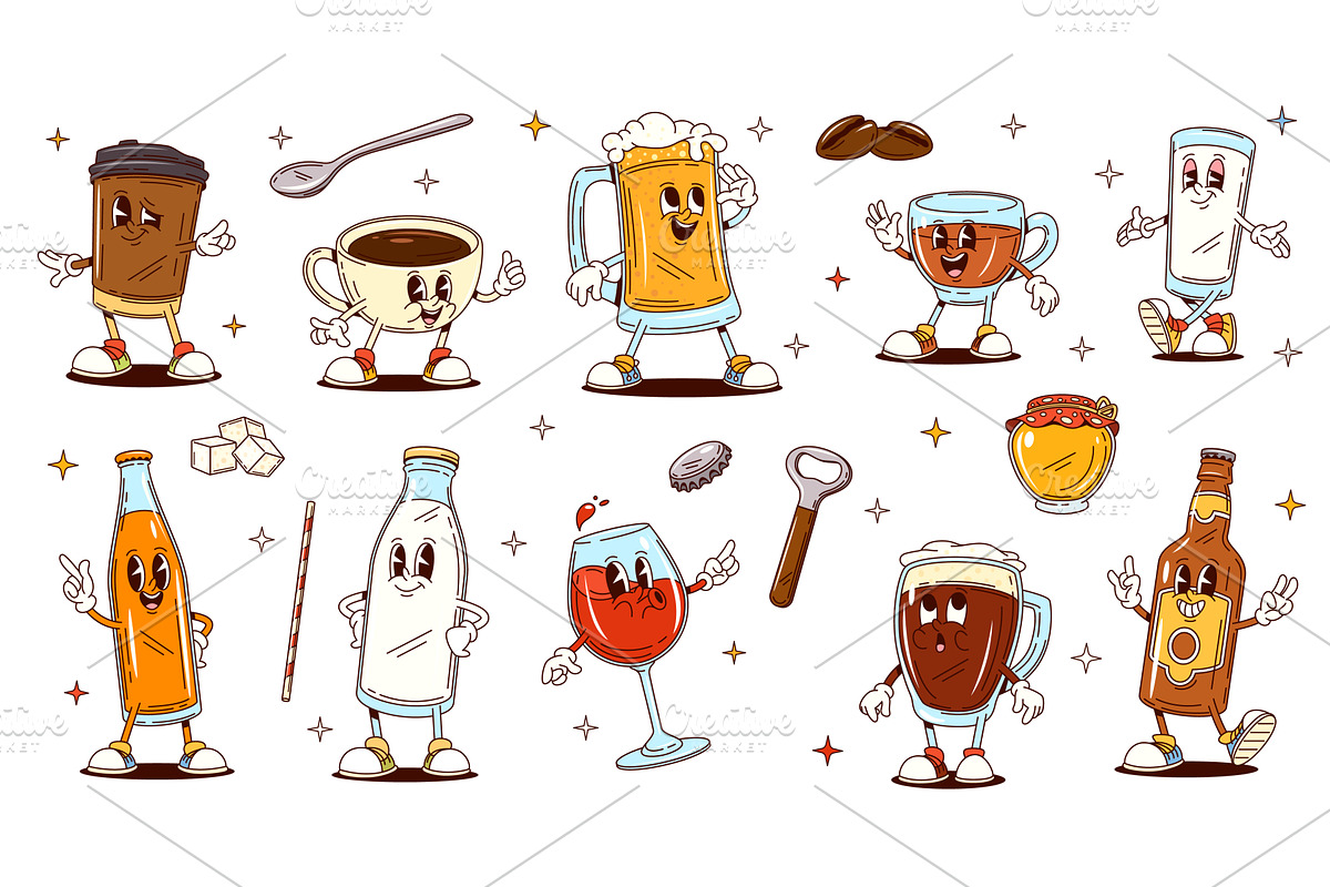 Groovy cartoon drink and beverage, a Food Illustration by Vector Tradition