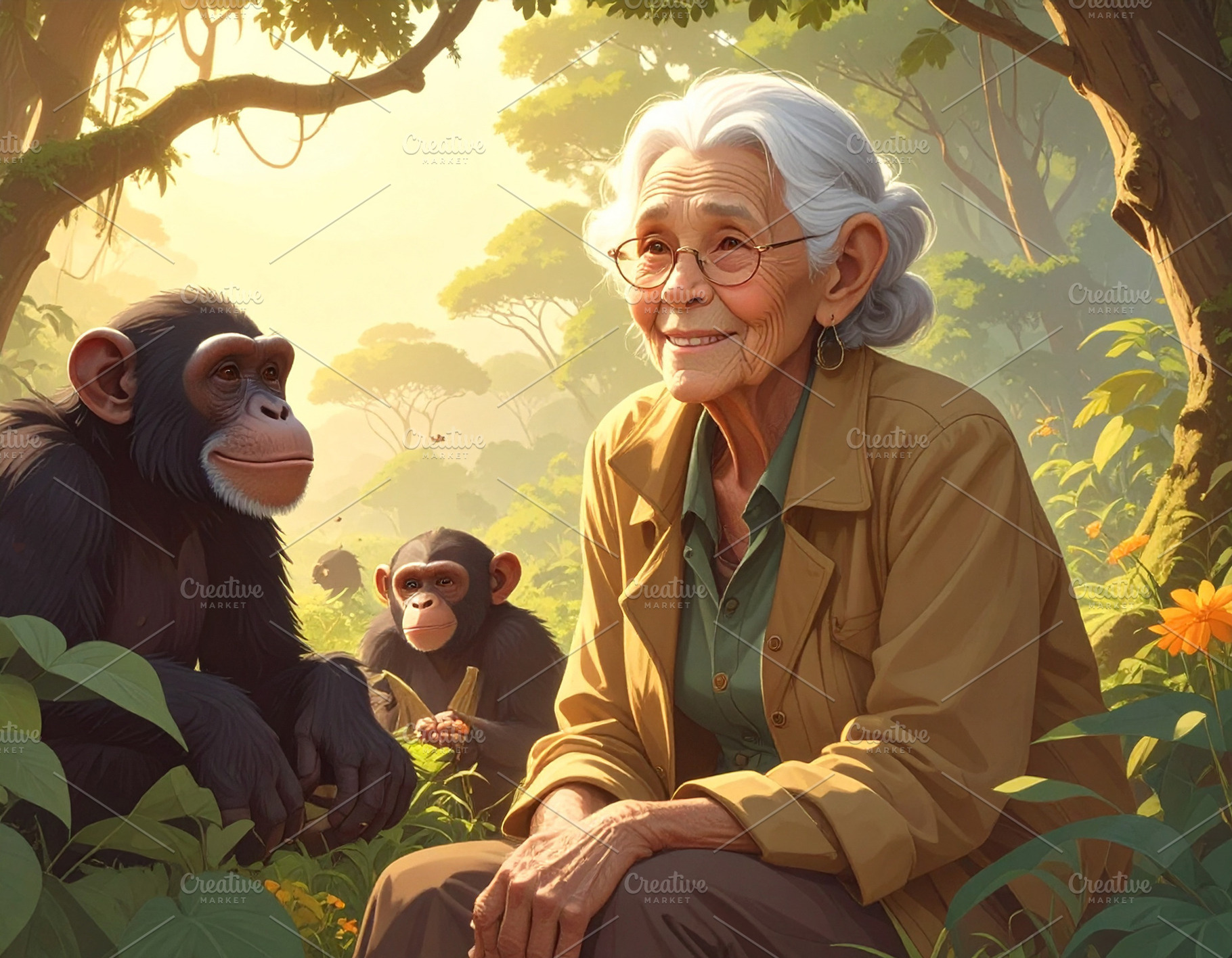 Artistic illustration honoring Jane Goodall depicted in nature s, a Person Photo by DanFLCreativo