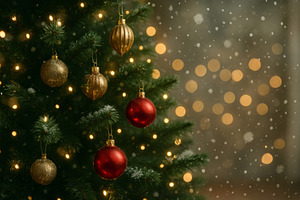 Christmas tree decorated with red an, a Photo by Dvoevnore photos