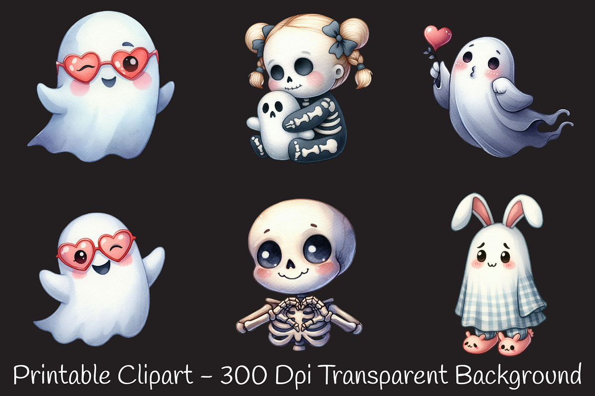 Cute Ghosts  Kawaii Skeletons PNG, an Illustration by RobertsArt (Photo 5 of 7)