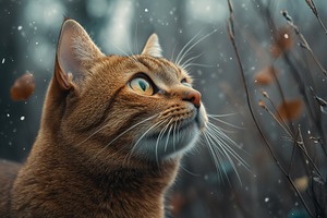 A close-up of an orange tabby cat gazing upwards, surrounded by soft falling sn, an Animal Photo by Textures & Backgrounds