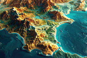 Topographic relief map with golden mountains and ocean